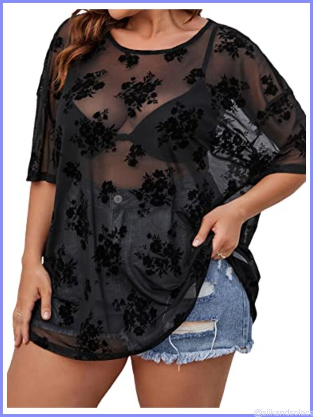 Plus Size Sequin Mesh Half Sleeve Round Neck Drop Shoulder Concert Top